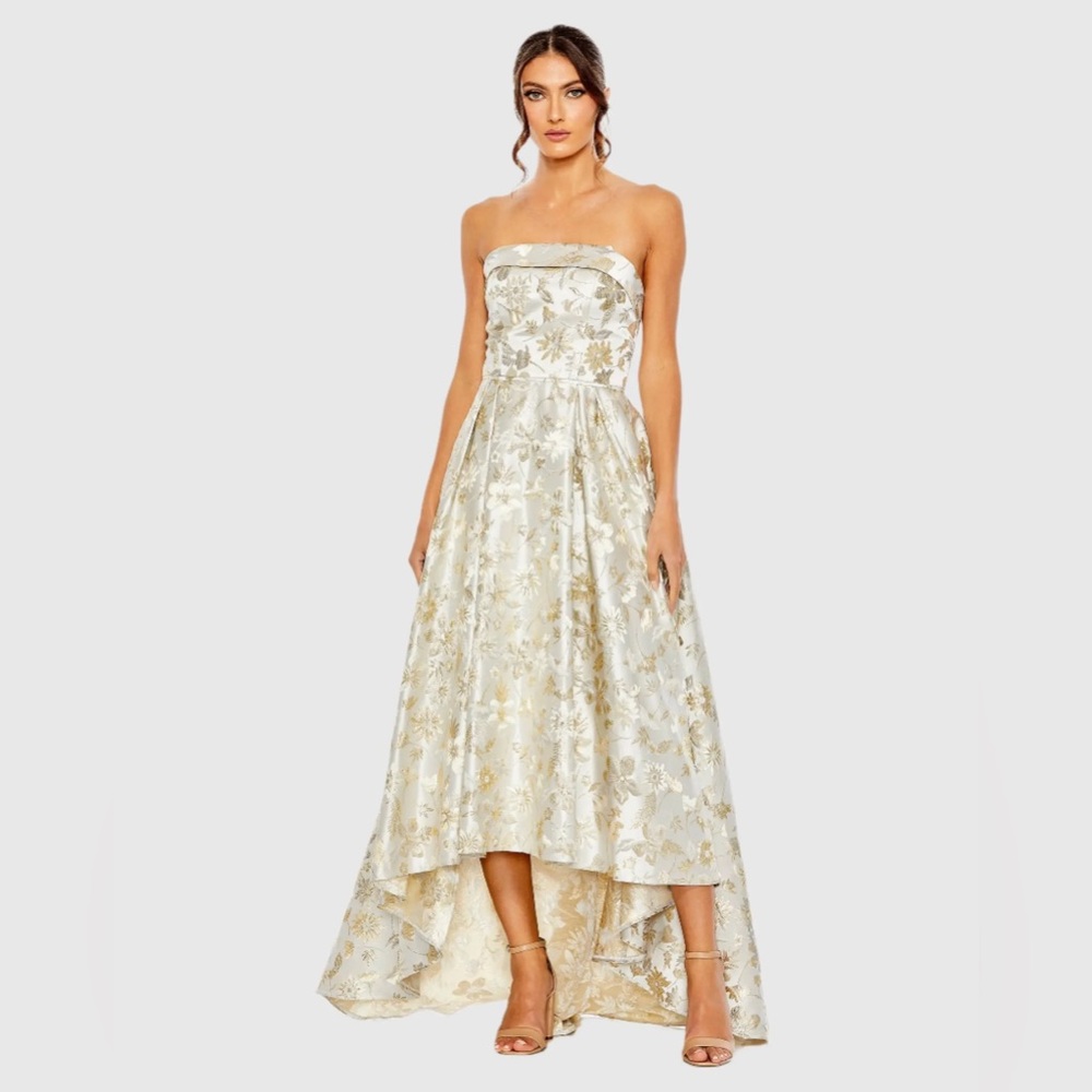 MAC DUGGAL White and Gold Brocade Strapless Gown
